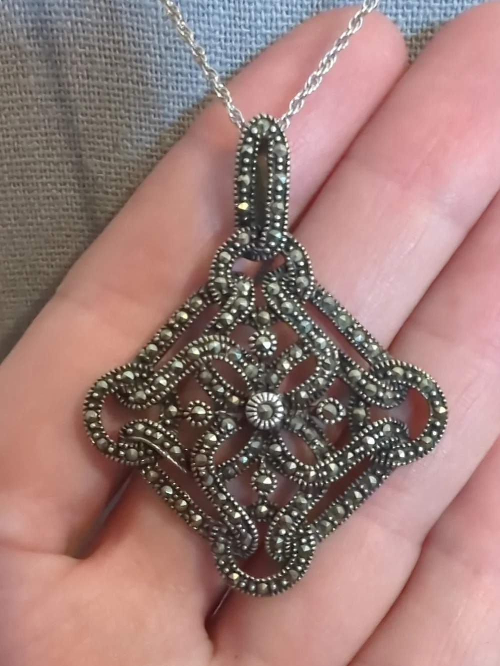 Vintage Marcasite Sterling Silver Filigree Pendant Necklace